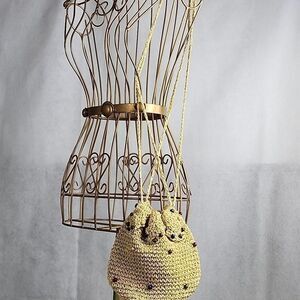 Woven Straw Bucket Bag with Braided Drawstring Close Wooden Beaded